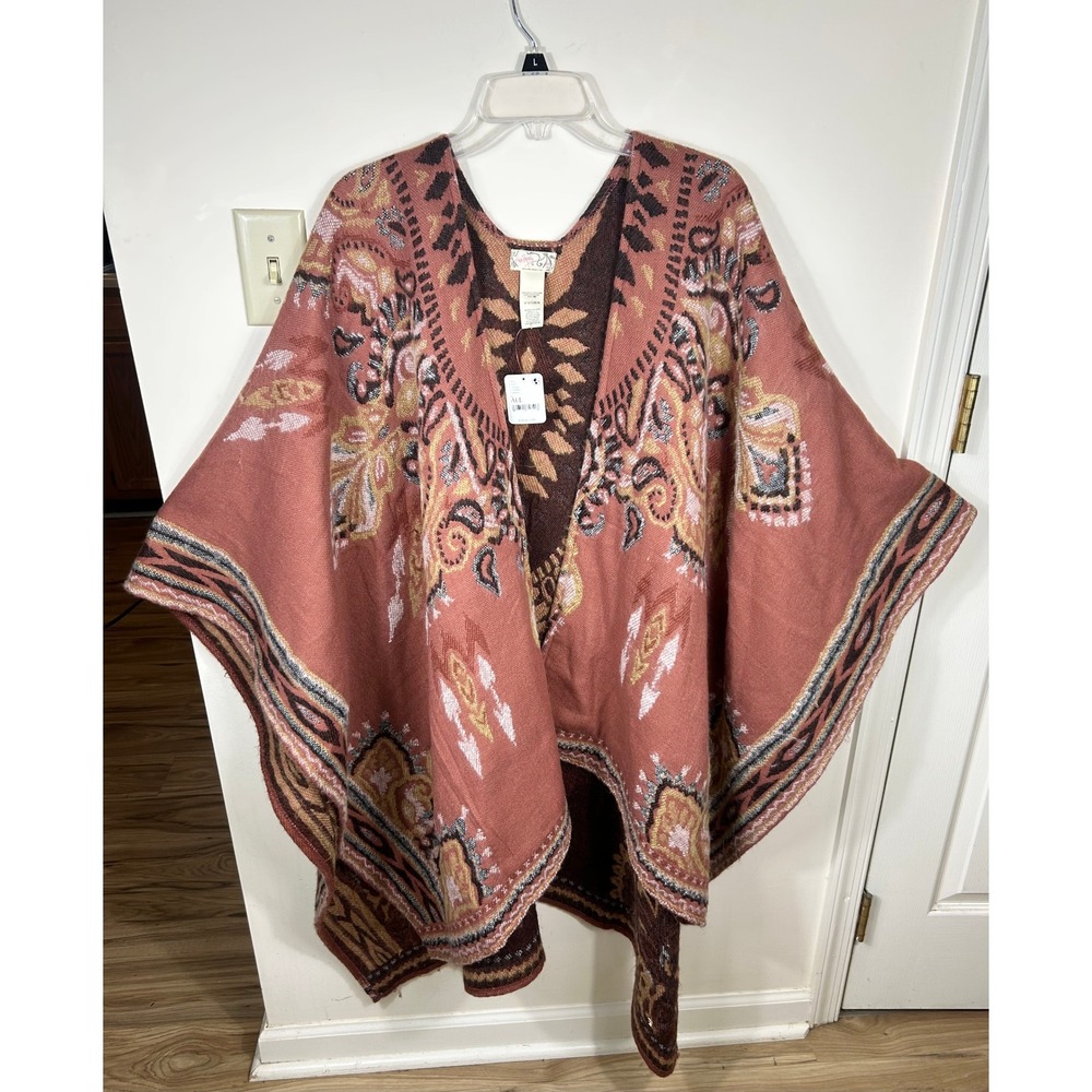 Free People Poncho Women OS Red Southwestern Knit Wrap OpenFront NEW Desert Chic